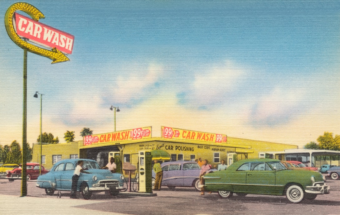 Illustration of old-school gas station and car wash