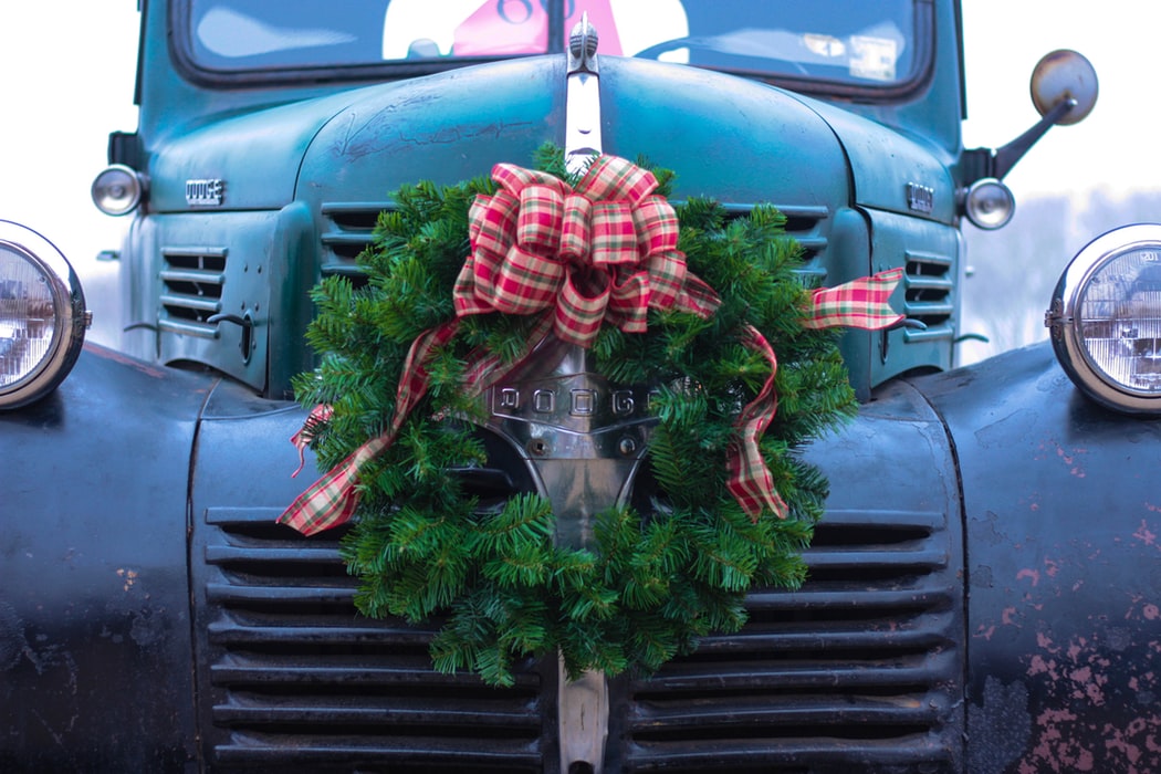 hot rod with wreath on the front