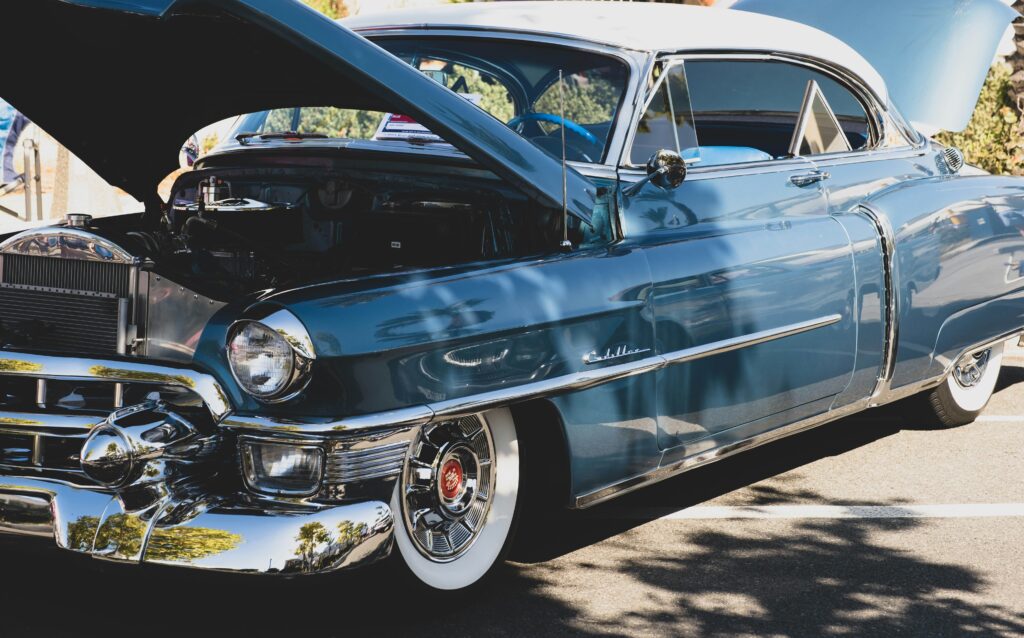 blue and white classic car